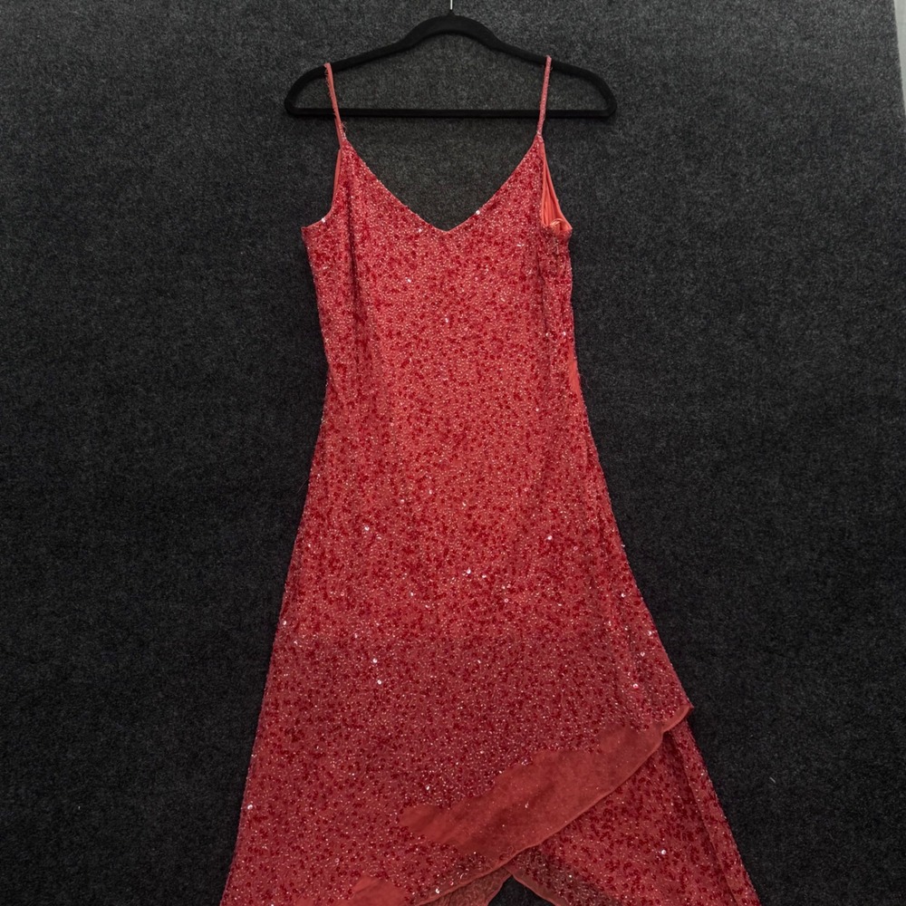 Marina by Marina Bresler Red Sequin Beaded Asymmetrical V-Neck Gown Dress